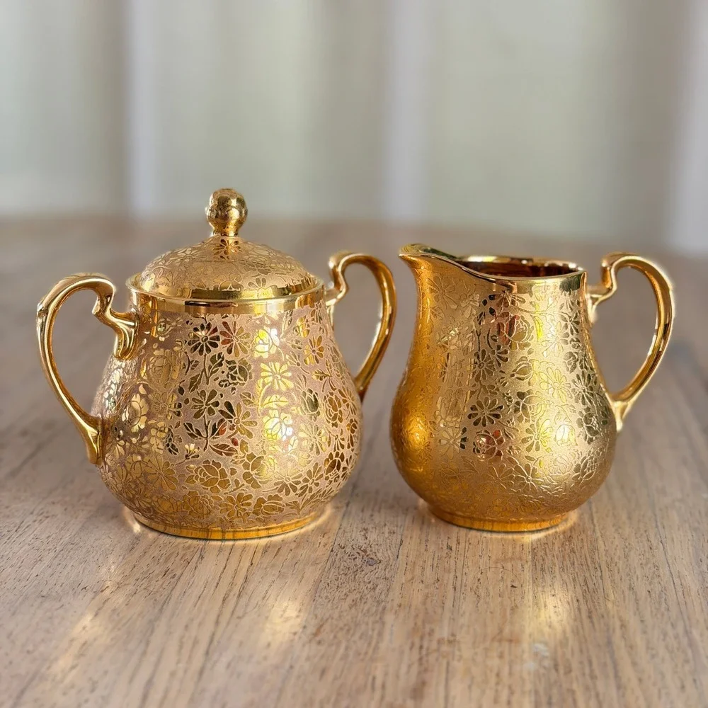 Vtg 50s Ransgil China 22K Gold Encrusted Floral Etched Creamer & Sugar Bowl Set